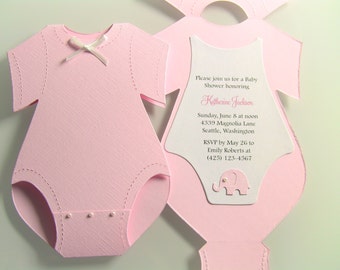 5 Onesie Baby Shower Invitation, Thank You, or Baby Announcement Cards, Baby Girl Pink Elephant