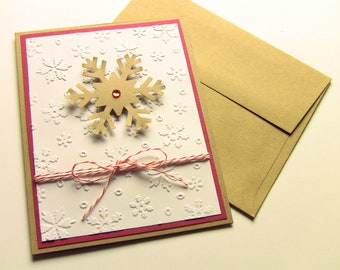 4 Handmade Christmas Cards, Handmade Holiday Cards, Christmas Cards with Envelopes, Embossed Snowflake, Red, White and Kraft