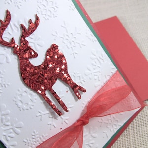 4 Handmade Christmas Cards, Glittery Red Reindeer on Embossed White Field of Snow, Red Green White, Christmas Cards with Envelopes