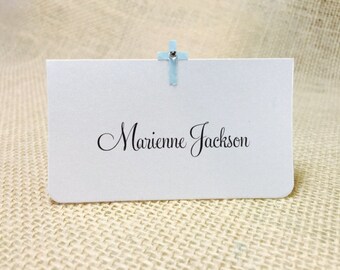 Customize Any Color, 10 Baptism Place Cards / Baptism Escort Cards, Cross with Gem, Baptism, Blank or Guest Information Printed