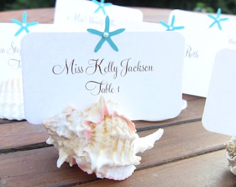 Customize Any Color, 10 Starfish Wedding Place Cards, Escort Cards, Beach Wedding, Bridal Shower, Nautical, Names Printed