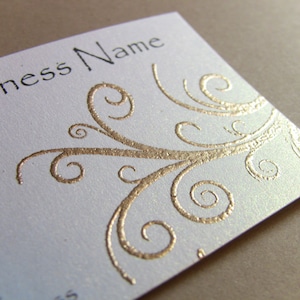 50 Handcrafted Handembossed Metallic Gold Scroll Business Cards, Customize Your Colors and Fonts, Golden Flourish, Swirl image 1