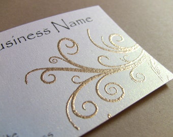 50 Handcrafted Handembossed Metallic Gold Scroll Business Cards, Customize Your Colors and Fonts, Golden Flourish, Swirl