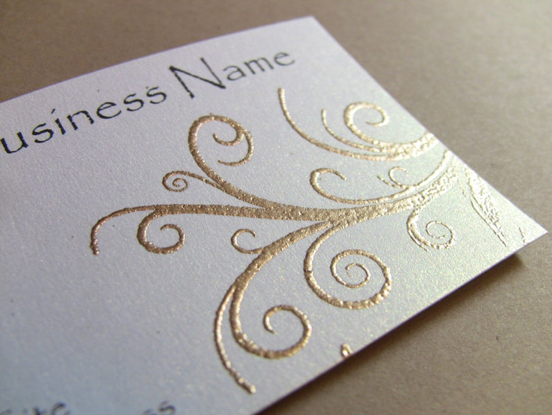 50 Handcrafted Handembossed Metallic Gold Scroll Business Cards, Customize Your Colors and Fonts, Golden Flourish, Swirl image 1