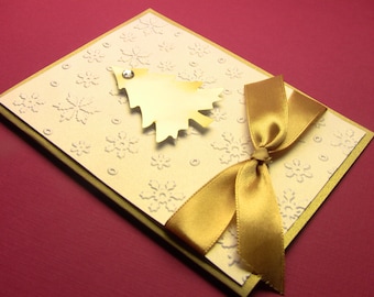 4 Handmade Christmas Cards, Handmade Holiday Cards, Golden Christmas Tree on Snowflakes, Gold and White, Christmas Cards with Envelopes