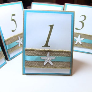 Wedding Table Number Card, Double Sided, Burlap, Starfish and Elegant Pearl, Customize Any Color