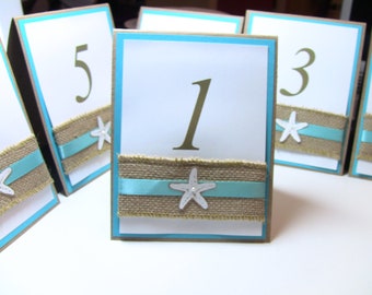 Customize Any Color, Wedding Table Number Card, Double Sided, Burlap, Starfish and Elegant Pearl