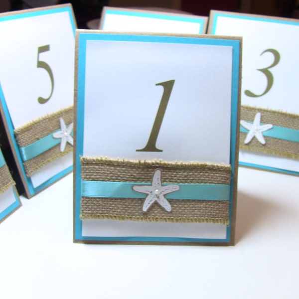 Customize Any Color, Wedding Table Number Card, Double Sided, Burlap, Starfish and Elegant Pearl