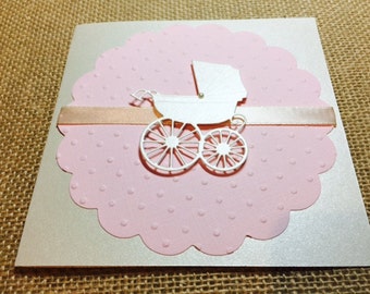 5 Baby Carriage Baby Shower Invitation, Thank You, or New Baby Announcement Cards, Baby Girl Pink
