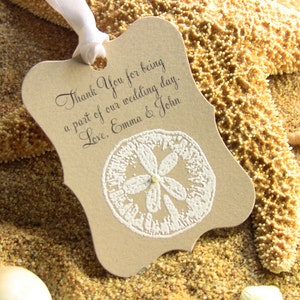 Customize Any Color and Message,10 Wedding Fancy Label Gift Favor Tags, Hand Embossed Sand Dollar Thank You Tag Beach Weddings Showers Kraft image 1