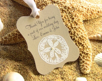 Customize Any Color and Message,10 Wedding Fancy Label Gift Favor Tags, Hand Embossed Sand Dollar Thank You Tag Beach Weddings Showers Kraft