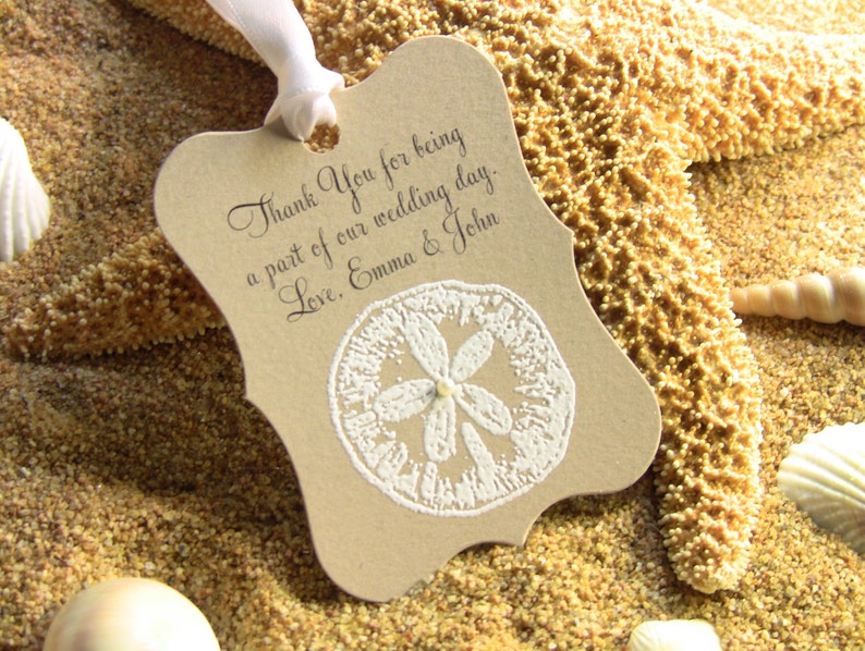 Customize Any Color and Message,10 Wedding Fancy Label Gift Favor Tags, Hand Embossed Sand Dollar Thank You Tag Beach Weddings Showers Kraft image 1