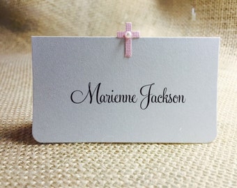 Customize Any Color, 10 Baptism Place Cards / Escort Cards, Cross with Pearl, Baptism, Religious, Guest Information Printed