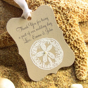 Customize Any Color and Message,10 Wedding Fancy Label Gift Favor Tags, Hand Embossed Sand Dollar Thank You Tag Beach Weddings Showers Kraft image 3