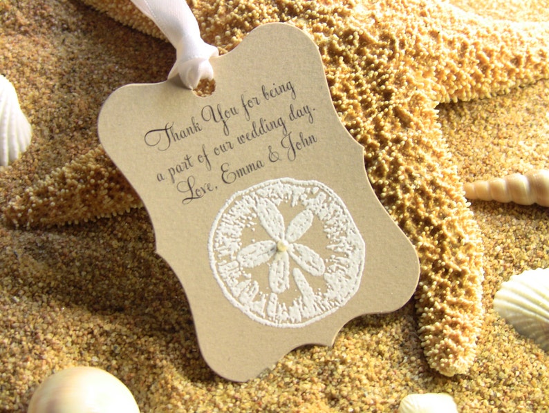 Customize Any Color and Message,10 Wedding Fancy Label Gift Favor Tags, Hand Embossed Sand Dollar Thank You Tag Beach Weddings Showers Kraft image 3