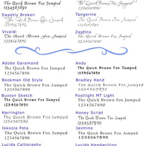 Pu&ograve; includere: Un grafico di diversi stili di font con la frase "The Quick Brown Fox Jumped" scritta in ogni font. I numeri 1234567890 sono anche scritti in ogni font.