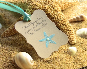 Customize Any Color and Message,10 Wedding Fancy Label Gift Favor Tags, Hand Embossed Starfish Thank You Tag Beach Weddings Showers Kraft