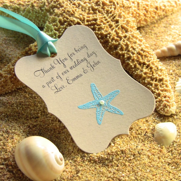 Customize Any Color and Message,10 Wedding Fancy Label Gift Favor Tags, Hand Embossed Starfish Thank You Tag Beach Weddings Showers Kraft