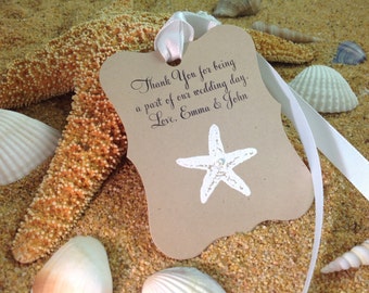 Customize Any Color and Message,10 Wedding Fancy Label Gift Favor Tags, Hand Embossed Star Fish Thank You Tag Beach Weddings Showers Kraft