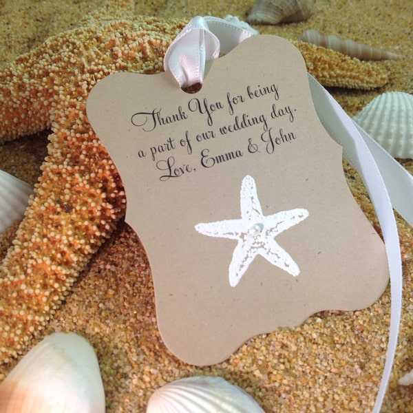 Customize Any Message, 10 Wedding Fancy Label Gift Favor Tags, Hand Embossed Star Fish Thank You Tag Beach Weddings Showers Kraft