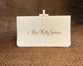 10 Baptism Place Cards, Baptism Escort Cards, Cross Place Cards, Guest Info Printing Option, Customize Any Color