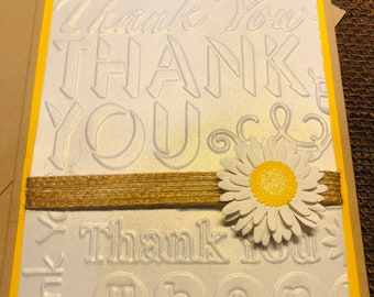 Daisy Thank You Cards, Handmade Embossed Daisy Card, Burlap Ribbon, Yellow and Kraft Cardstock, Pearlescent White Embossed