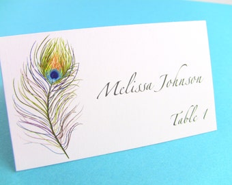 10 Wedding Place Cards / Escort Cards, Peacock Feather, Bridal Showers, Customize Your Font