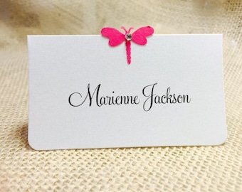 10 Drgonfly Wedding Place Cards, Bridal Shower, Birthday Party Place Cards, Dragonfly with Gem, Customize Any Color, Name Printing