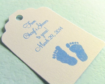 20 Baby Shower Gift Tags, Blue Baby Feet and Pearlescent White Card Stock, Customize Your Text