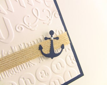 5 Navy Burlap and Anchor Nautical, Natural Beach Wedding Thank You  Cards - Beach Weddings, Showers, Customize Any Color, Printing Optional