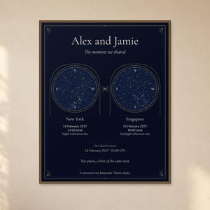 Könnte beinhalten: Ein dunkelblaues gerahmtes Poster mit dem Titel Alex and Jamie, The moment we shared. Es zeigt zwei kreisförmige Sternenkarten für New York und Singapur mit Daten, Uhrzeiten und Text wie One shared instant, 15 February 2027, 02:00 UTC.