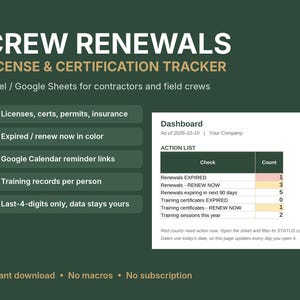 May include: A digital tracker for crew renewals, licenses, and certifications compatible with Excel and Google Sheets. The interface displays a dashboard with an action list, status counts, and check boxes for tracking permits, insurance, and training records.