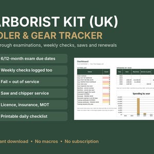 May include: An Arborist Kit UK LOLER and Gear Tracker digital template on a dark green background. It features a list of tracking features including exam due dates, weekly checks, and service logs, alongside a dashboard showing data tables and a bar chart.