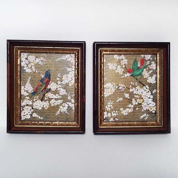 Framed Bird Painting Set: Original Art Nouveau Cherry Blossom Decor