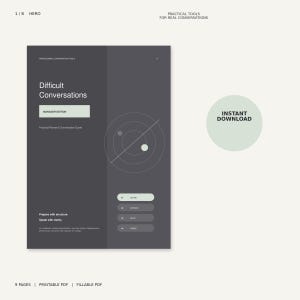 May include: A dark gray digital document titled Difficult Conversations Manager Edition, featuring a circular radar graphic, four numbered buttons, and text including Prepare with structure and Speak with clarity. A light green circle states Instant Download.