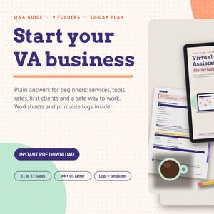 May include: A digital guide titled Start your VA business with a Q&A guide, 9 folders, and a 30-day plan. The set includes a tablet displaying a Virtual Assistant Starter Guide, printed worksheets, a coffee mug, a yellow sticky note, and a pencil.