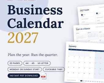 2027 Business Calendar Planner, Monthly Goals & Revenue Tracker (PDF Download)