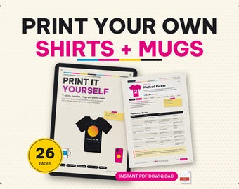 T-Shirt Printing Workbook PDF, Shirt Placement Guide, Heat Press Settings Card, Sublimation HTV DTF, Mugs