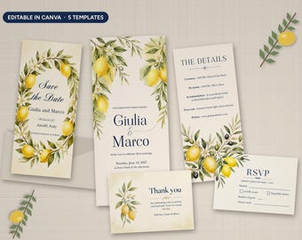 Lemon Wedding Invitation Suite Template, Editable Canva Invite, Save the Date, RSVP, Details and Thank You Card, Amalfi Wedding