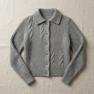 Vintage Cable Cardigan Knitting Pattern PDF, Women's Button Front Sweater Jacket, Ribbed Collar, Sizes 12–18