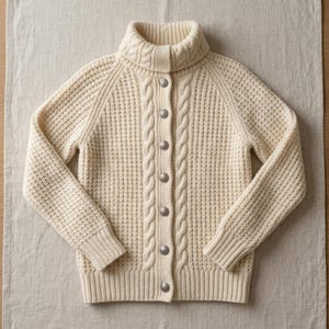 Könnte beinhalten: Eine cremeweiße Strickjacke mit langen Ärmeln, hohem Rollkragen, texturiertem Waffelstrickmuster und vertikalem Zopfstrickdetail entlang der Knopfleiste. Das Kleidungsstück ist mit sieben runden, silberfarbenen Metallknöpfen versehen.