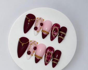 Custom Burgundy Cherry Press-On Nails ,3D Gold Art, French Tips (Stiletto)