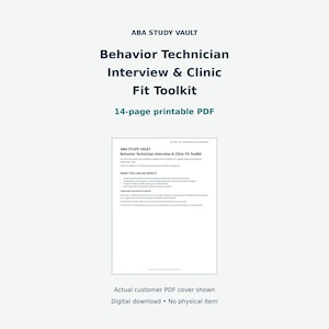 Puede incluir: Un PDF imprimible de 14 páginas titulado ABA Study Vault Behavior Technician Interview & Clinic Fit Toolkit. El documento incluye secciones sobre preparación de entrevistas, evaluación del lugar de trabajo y orientación profesional.