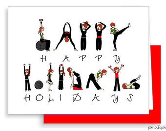May include: A white greeting card with the words "HAPPY HOLIDAYS" spelled out with stick figures in various yoga poses. The card has a red border and a red backing.