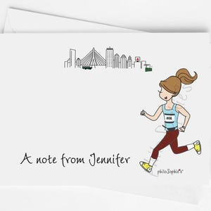 May include: A white stationery card featuring a black line drawing of a city skyline at the top, a cartoon illustration of a runner in a light blue tank top and dark red leggings on the right, and the black text A note from Jennifer.