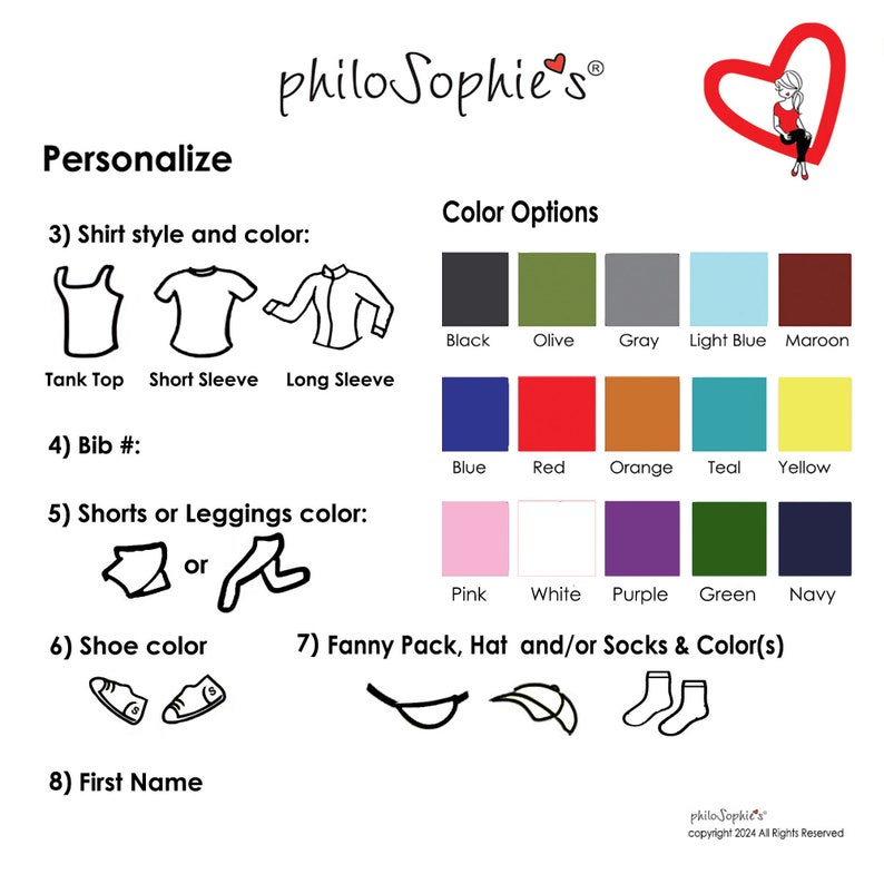 May include: A customisable clothing and accessory design template with options for shirt style, colour, bib, shorts or leggings, shoes, fanny pack, hat, socks, and a first name. The template features a variety of colour options for each item.