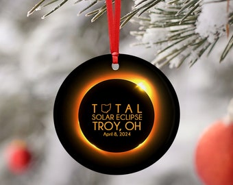 Eclipse Ornament, Total Solar Eclipse 2024, Path of Totality, Christmas Ornament, Name Drop, Ohio State