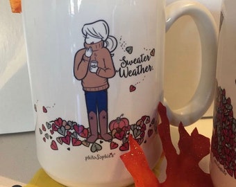Sweater Weather Coffee Mug, Fall Theme Coffee Cup, Whimsical Winter Mug, Girls Cute Coffee Mug, Coffee Lovers Mug, Hand Drawn Coffee Cup