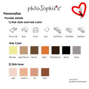 May include: A chart with options for customising a character. The chart includes hair styles, hair colours, and skin tones. The text on the chart reads "Personalize Provide details 1) Hair style and hair colour: Pony Tail Bob Curly Bun Hat/Pony Hat/Bob Hat/Bun Hair Colour Blonde Light Brown Brown Red Dark Brown Black Grey 2) Skin tone: Light Medium Tan Dark philo Sophie's copyright 2024 All Rights Reserved"