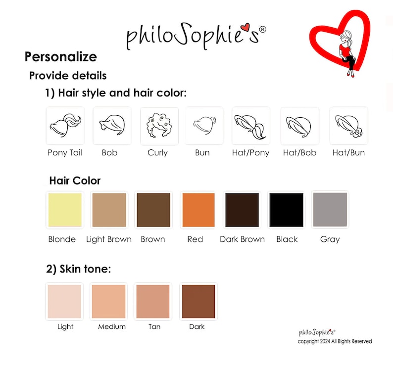 May include: A chart with options for customising a character. The chart includes hair styles, hair colours, and skin tones. The text on the chart reads "Personalize Provide details 1) Hair style and hair colour: Pony Tail Bob Curly Bun Hat/Pony Hat/Bob Hat/Bun Hair Colour Blonde Light Brown Brown Red Dark Brown Black Grey 2) Skin tone: Light Medium Tan Dark philo Sophie's copyright 2024 All Rights Reserved"